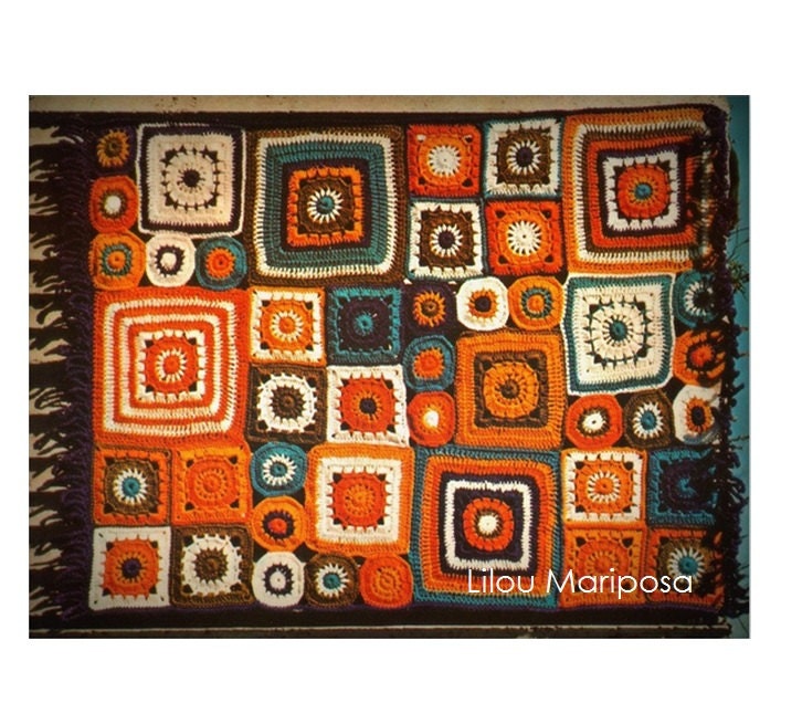 Crochet BLANKET Pattern Vintage 70s Granny Square Mosaic