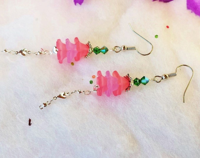 Pink Flower Dangle Earrings, Woodland Fairy Jewelry, Romantic Drop Earrings, Light and Dainty Summer Bridal Earrings