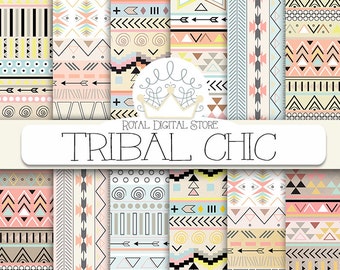 Tribal digital paper: "TRIBAL CHIC" with tribal, aztec pattern, backgrounds in brown, yellow, mint, soft pink for scrapbooking, invitations