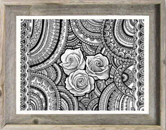 black white original drawing roses mandalas zentangle art black white original drawing roses mandalas zentangle art