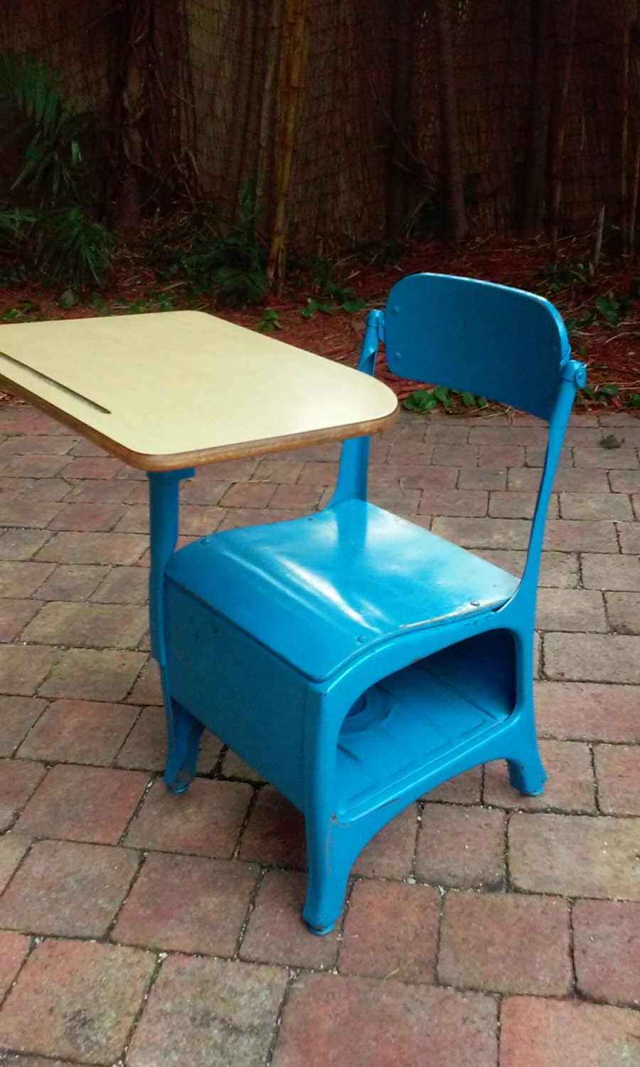 Authentic OLD SCHOOL DESK. Blue Metal with Natural Wood Top Haute Juice