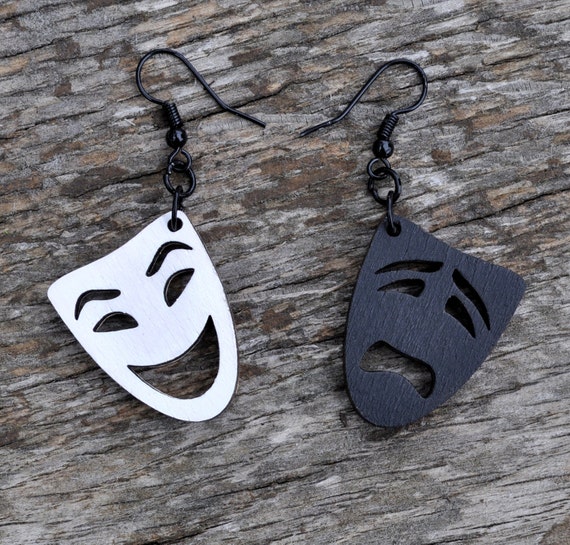 Drama / Comedy mask earrings Wood earrings by Beewoodproducts