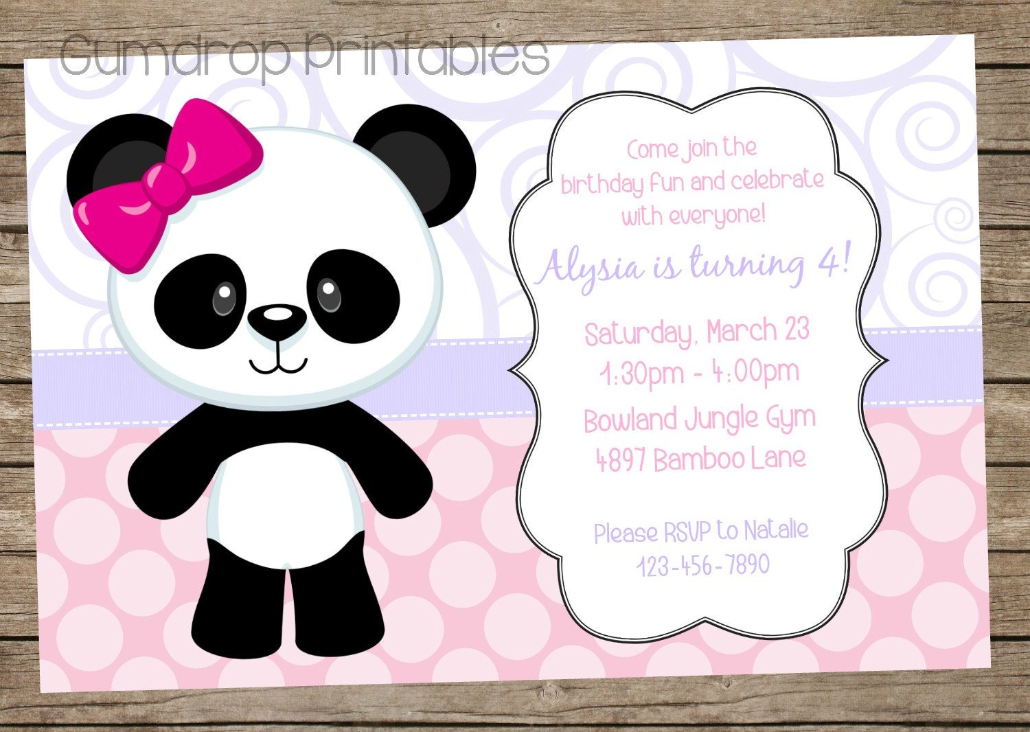 Linda Chica Oso Panda Para Imprimir Cumpleaños Invitación 3053