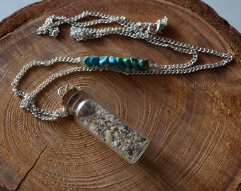 Silver Turquoise Gemstone Accented Sand Vial Necklace - Miami Beach / Clear Vial / Pendant Necklace