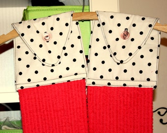 Custom Hanging Kitchen Towels with Pink Towel and White Fabric with Black Polka Dots
