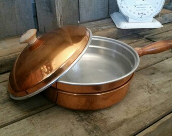Vintage Copper Chafing Dish Pan Boiler Lid Wooden Handle Farmhouse Cottage Kitchen Decor