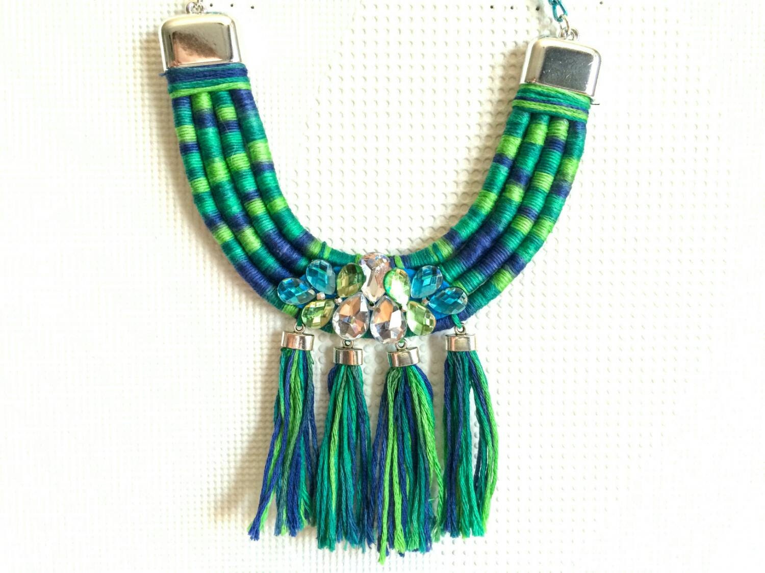Blue green necklace, Ombre tassel necklace, Gypset necklace, Cotton