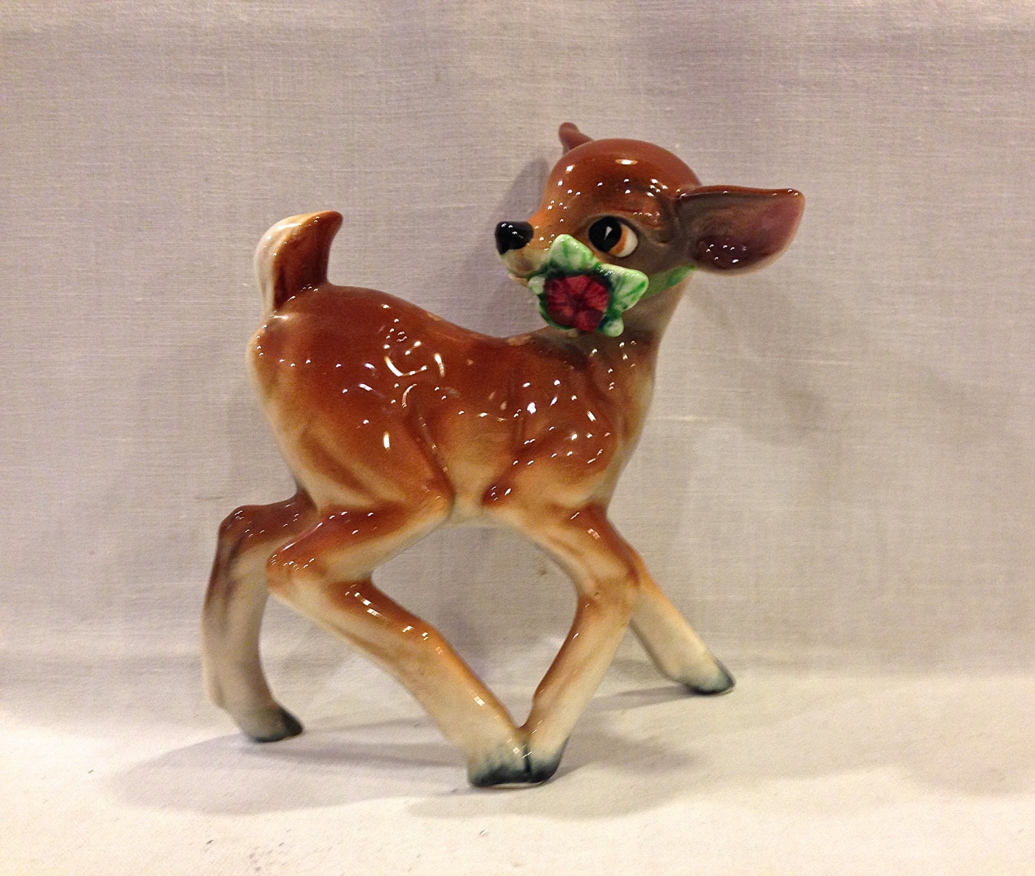 Vintage Fawn Baby Deer Figurine Flower in mouth Ceramic