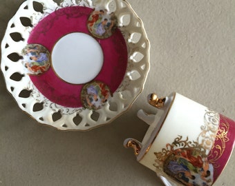 Royal Halsey Cup & Saucer Very Fine China in Burgundy and Gold
