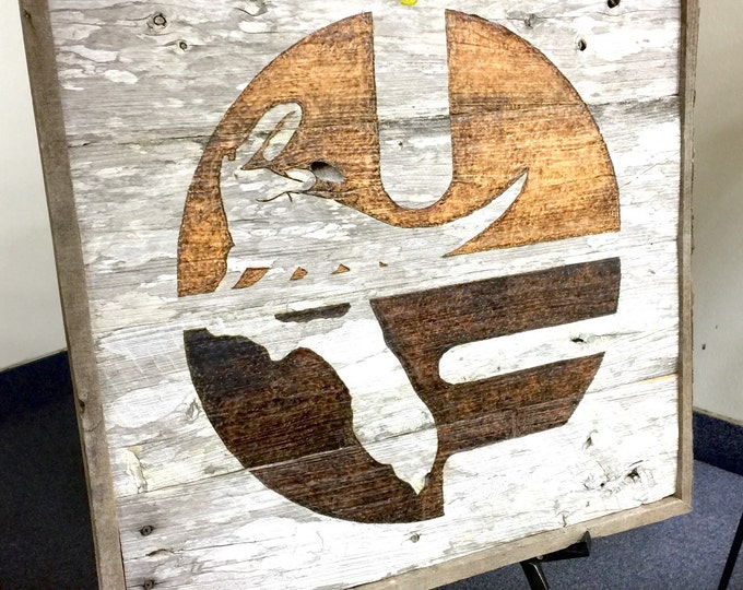 University of Florida Barn Wood Sign. Wood burned Old UF Logo on 2'x2' ranch wood with reclaimed pallet wood frame. Florida gators sign.