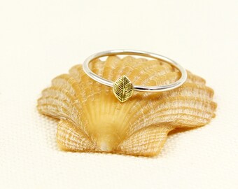 Leaf Ring, Sterling Silver, Gold Brass Leaf, Tiny Leaf Ring, Stacking Ring, Pinkie Ring