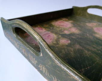 Large Shabby Chic Wooden Serving Tray With Handles Moss Green + Roses