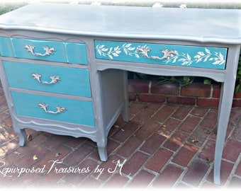 SOLD! SOLD! Vintage desk, Beachy desk, stenciled desk, distressed desk, rustic desk, gray teal desk, shabby chic desk, girls desk
