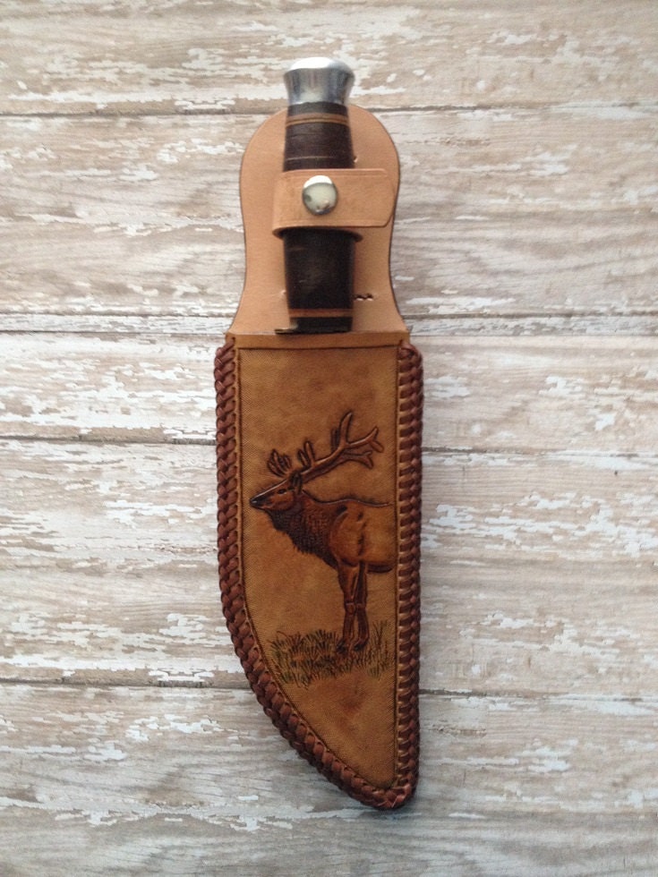 Hand tooled leather knife sheath with Elk by ToolingAround4U