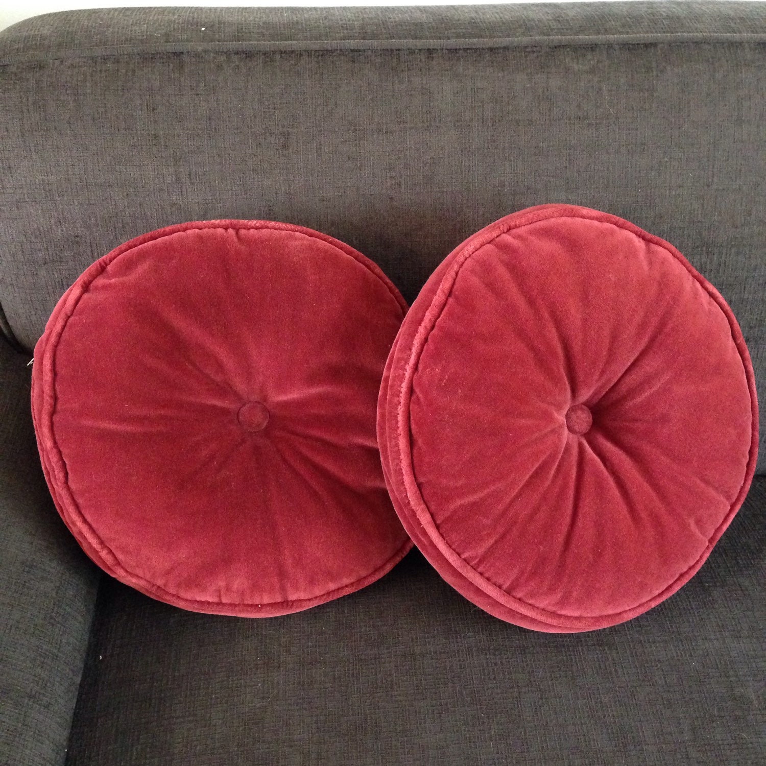 Vintage Maroon Velvet Pair Round Pillows wine red button mid