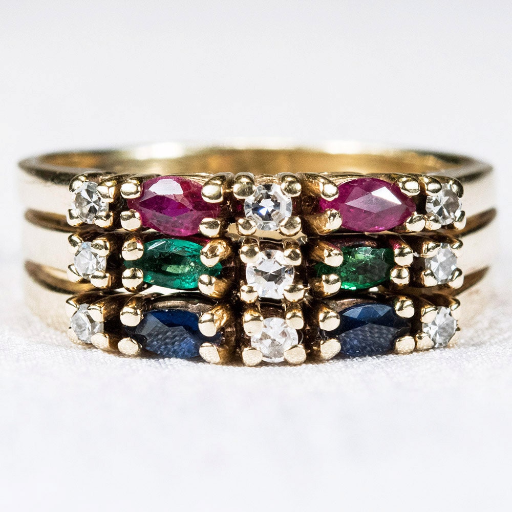 Stacking Ruby Emerald Sapphire Diamond Ring 14k Plumb Gold