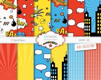 Superhero Digital Paper Set- 12 Super Hero Digital Papers with action words, comic sound effects, buildings-For scrapbooking, graphics,cards