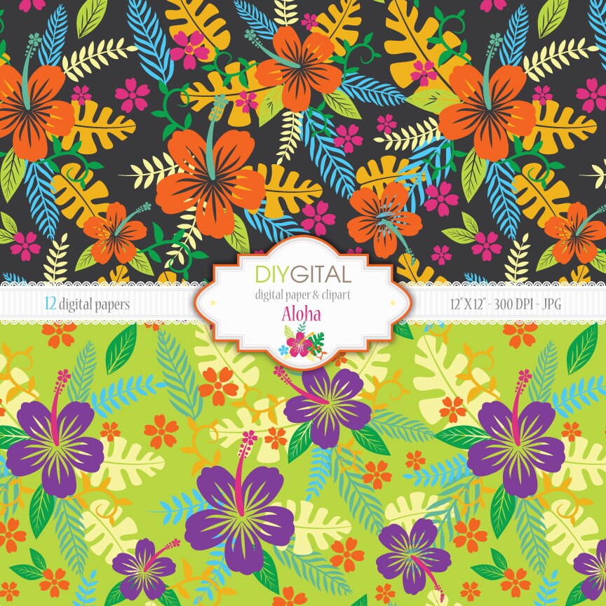 Aloha Hawaiian Style Digital Paper Set with Hibiscus by DIYgital