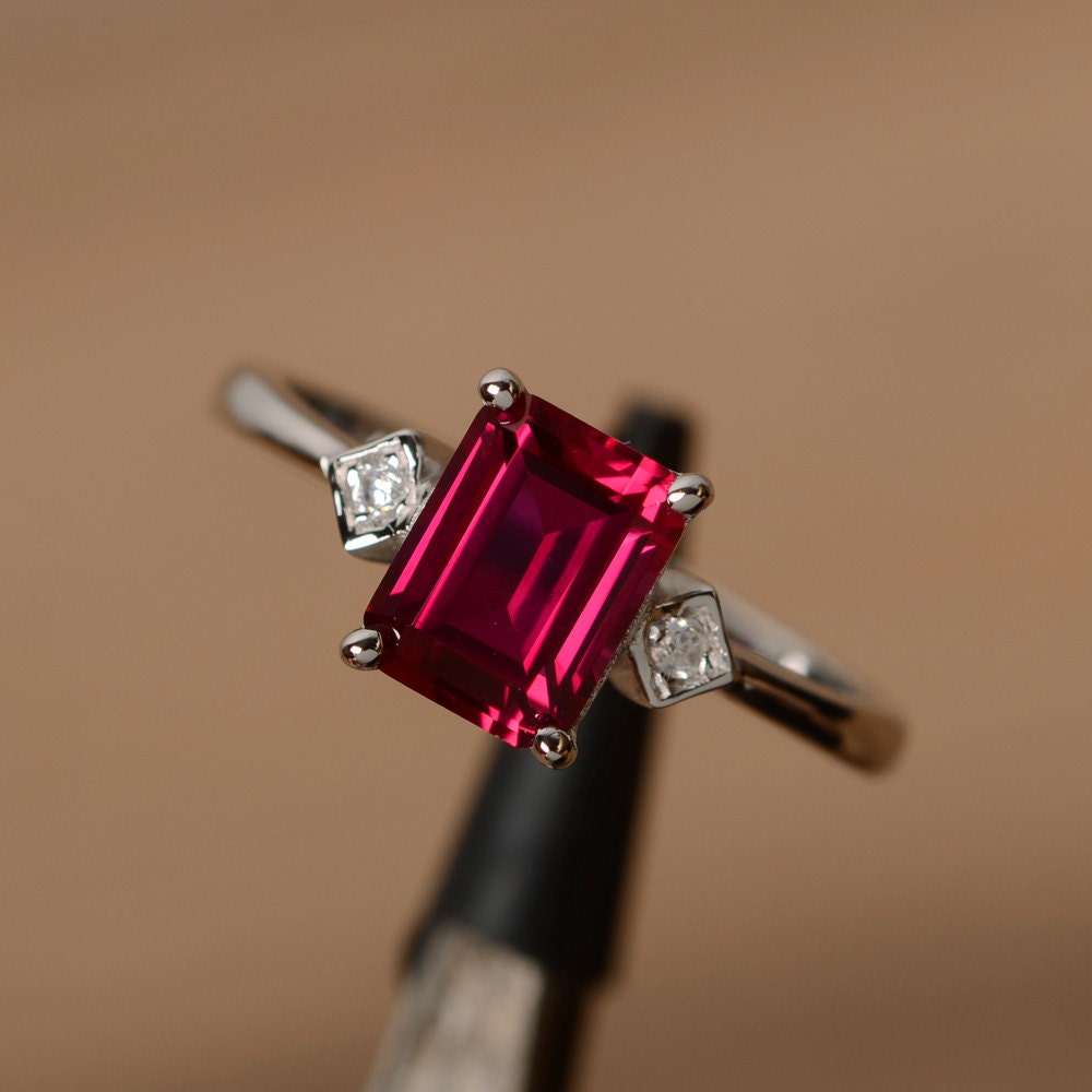 lab ruby ring emerald cut gemstone ring July birthstone ring