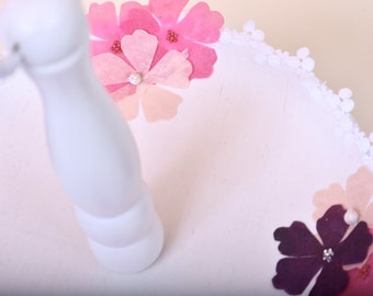 Handmade wooden cake stand with organza flower design