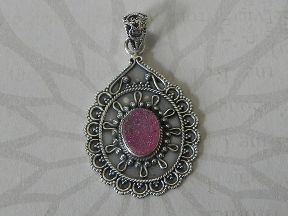 Sterling Silver Pink Agate Druzy Gemstone Pendant | Sterling Silver Gemstone Pendant | Pink Agate Druzy Cabochon | Natural Gemstone