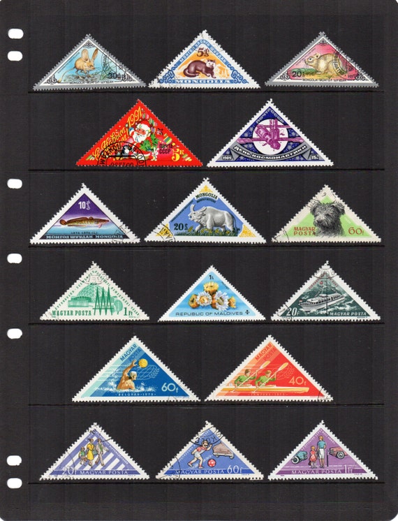 16 vintage triangular postage stamps. Mongolia Russia