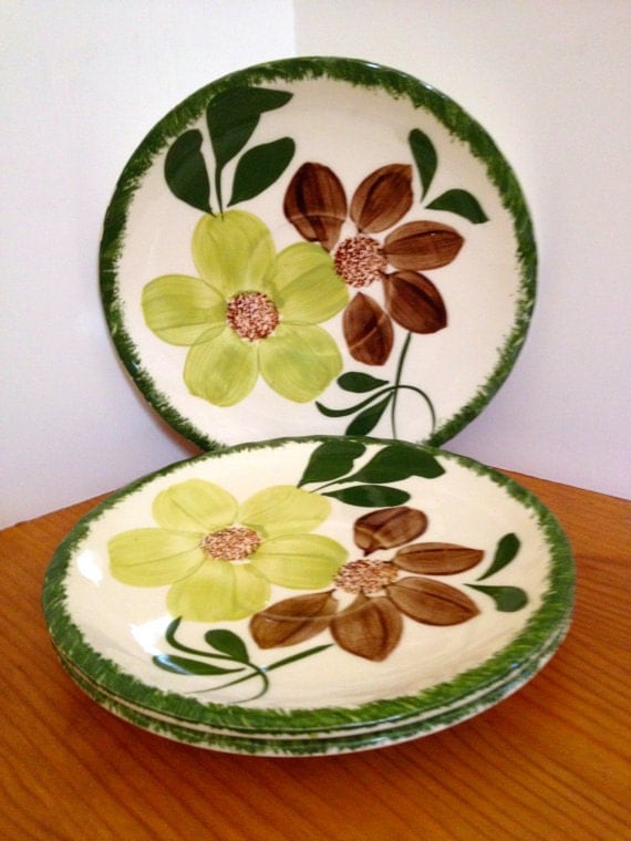 Four Blue Ridge Southern Pottery Saucers Green Briar Pattern