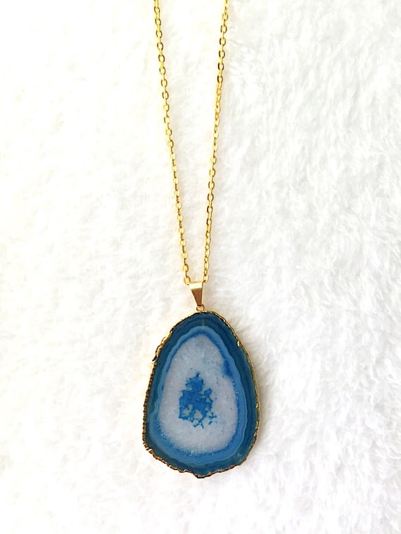 Agate Necklace, Geode Slice, Blue Gemstone Necklace, Gold Plated Dark ...