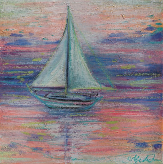 Acrylic and Pastel Painting of Sailboat at Sunset
