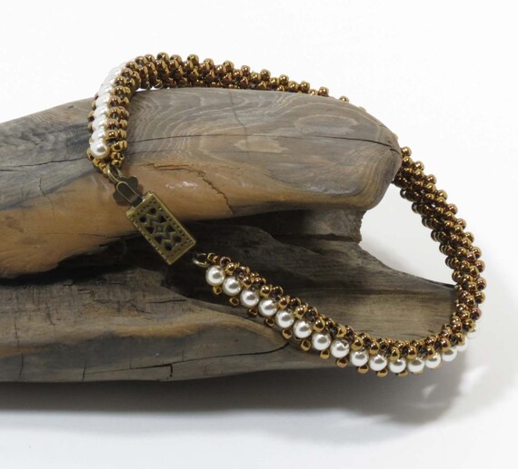 Right Angle Weave Pearl Tennis Bracelet by CinfulBeadCreations