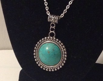 Beautiful Turquoise Pendant with Silver Setting and Chain- Handmade