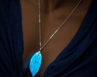 Glow-in-The-Dark Necklace Blue Real Leaf Necklace Best-Friend-Gift For Mom Sister Gift Real Leaf Jewelry Real Leaf Pendant Girlfriend Gift