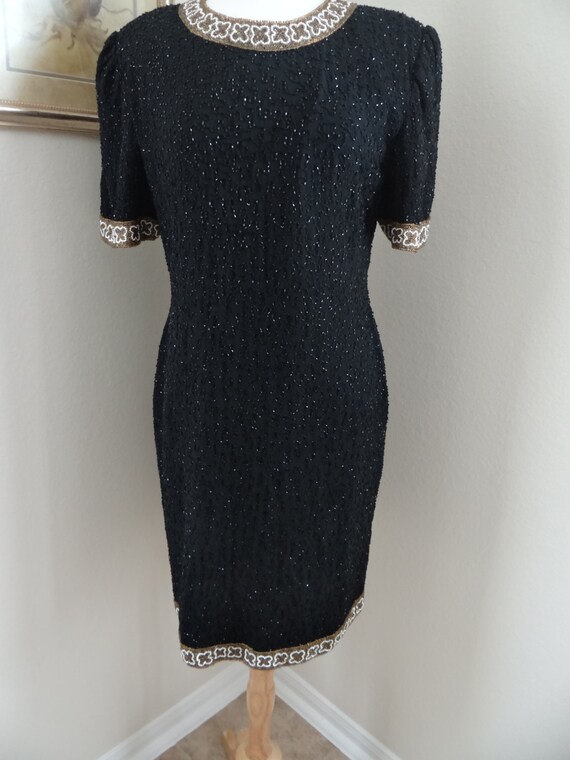 VTG Laurence Kazar Beaded Dress / Black Beaded Cocktail Dress
