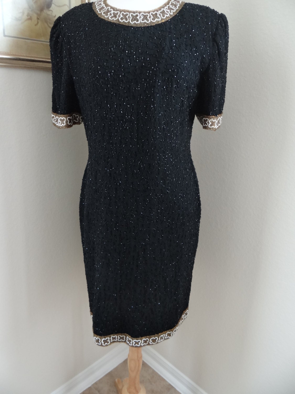 VTG Laurence Kazar Beaded Dress / Black Beaded Cocktail Dress