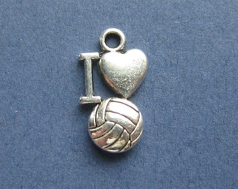 10 I Love Volleyball Charms - I Love Volleyball Pendant - Volleyball - Sports - Antique Silver- 16mm x 9mm. -- (No.53-10285)