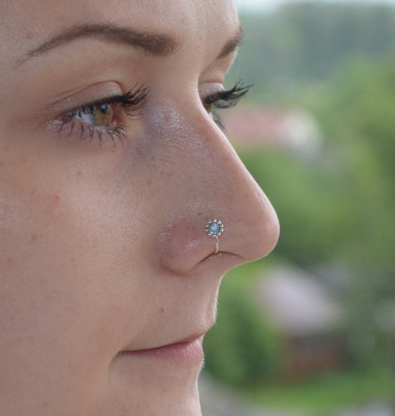 Silver Flower Nose Ring Opal Nose piercing 20 gauge Septum