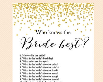 Who knows the Bride best, how well do you know the bride game, bridal quiz, Gold Confetti Bridal Shower, Bachelorette, Wedding Shower BS46