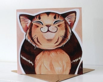 Happy Fat Tabby Cat - Blank Greeting Card