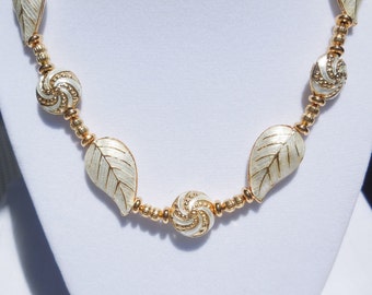 White and gold cloisonne necklace with gold plated brass beads