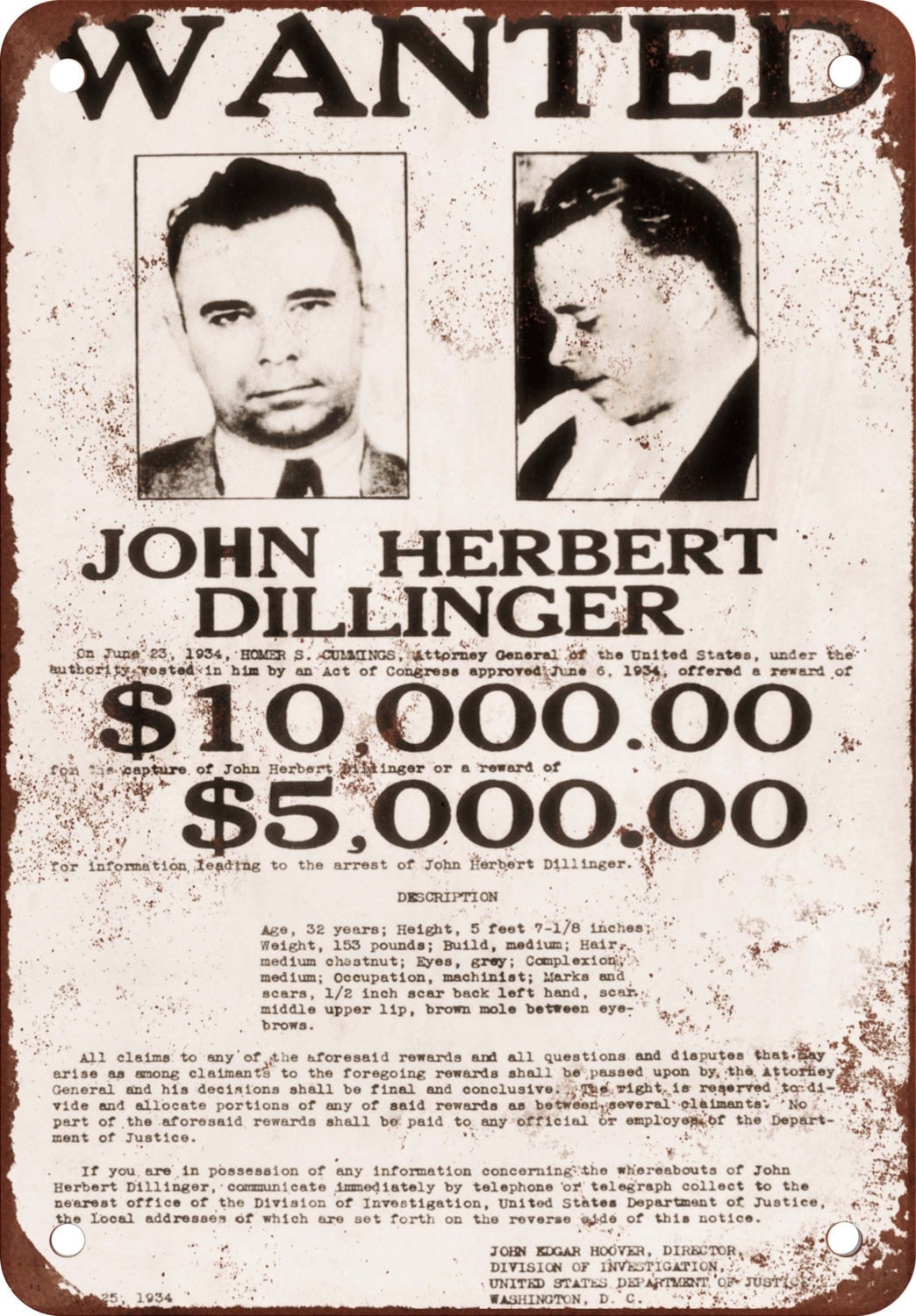 1934 John Dillinger Wanted Poster Vintage Look Reproduction