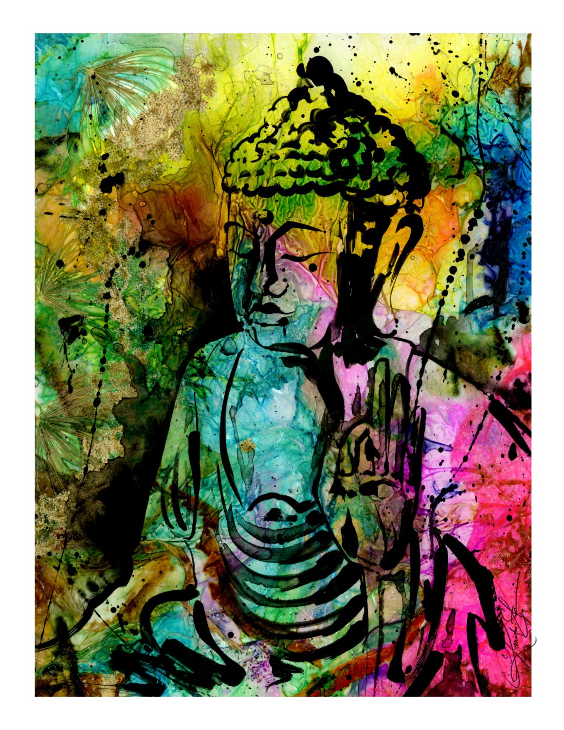 Buddha painting Green Pink Spiritual Zen art archival