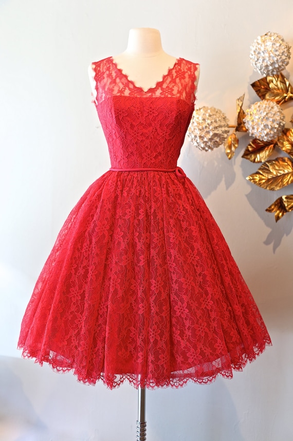 Vintage 1950's Lace Dress Vintage 50s Rose Pink Cocktail