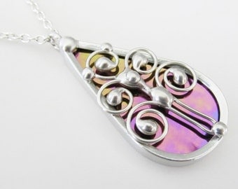Stained Glass Tree of Life Pendant Necklace, Black Iridescent, Celtic, Wirework Jewelry