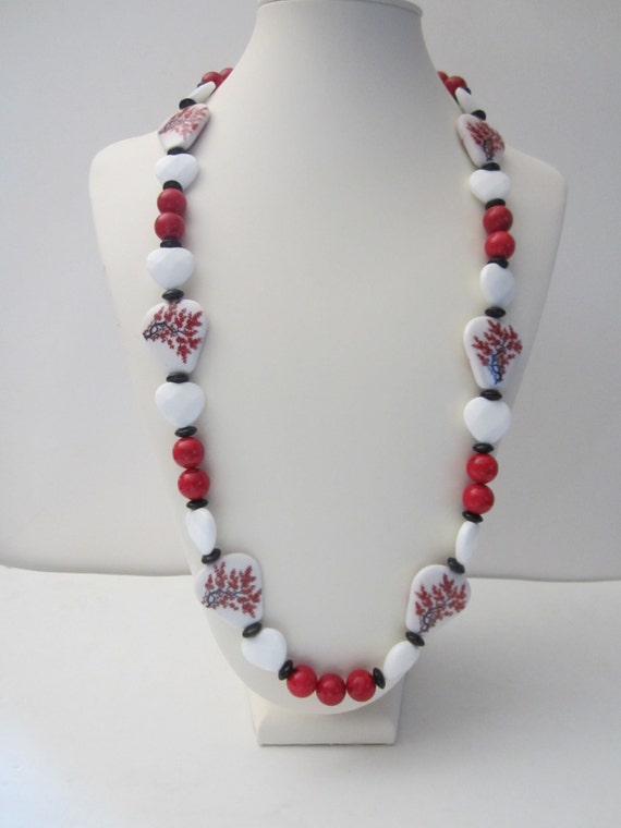 Red White and Black long necklace with white glass beads and