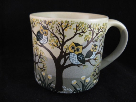 otagiri owl coffee mug. 1970's trees owls stoneware