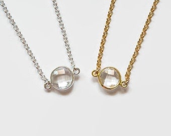 Tiny crystal necklace - gift for women - gold or silver round clear crystal quartz necklace - solitaire - simple diamond necklace - Emma