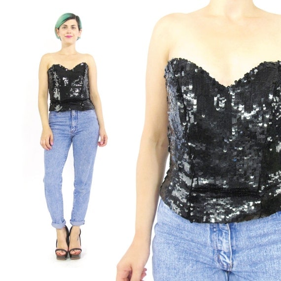 Vintage Sequin Bustier Black Sequin Corset Sparkly Party