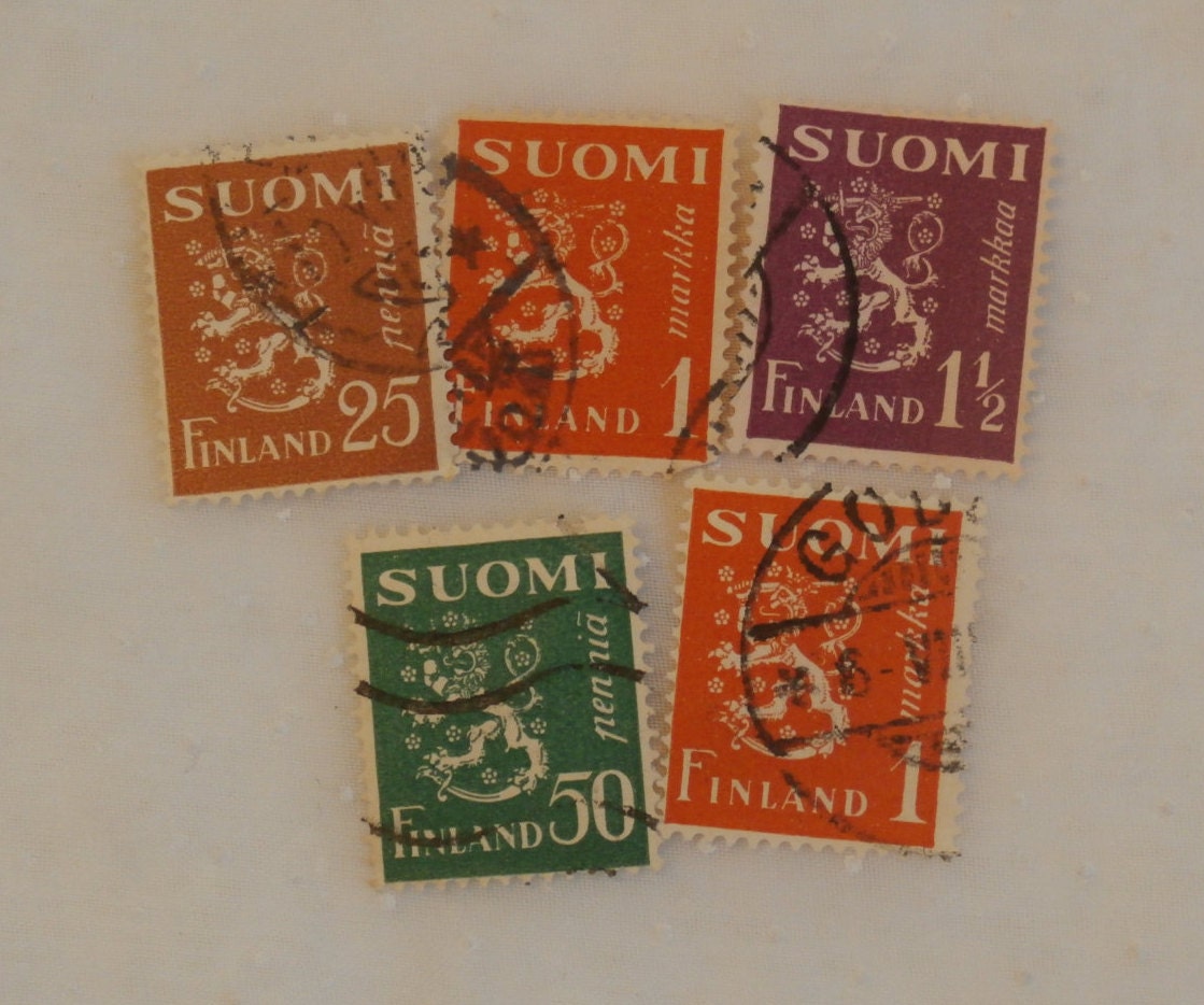 5 Vintage Suomi Lion Stamps Colorful Set Nice Finland Craft