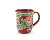 Stoneware Coffee Mug - Red Ceramic Tea Cup with Flowers - Hand-Thrown, Bisque Fired and Ceramic Glazed