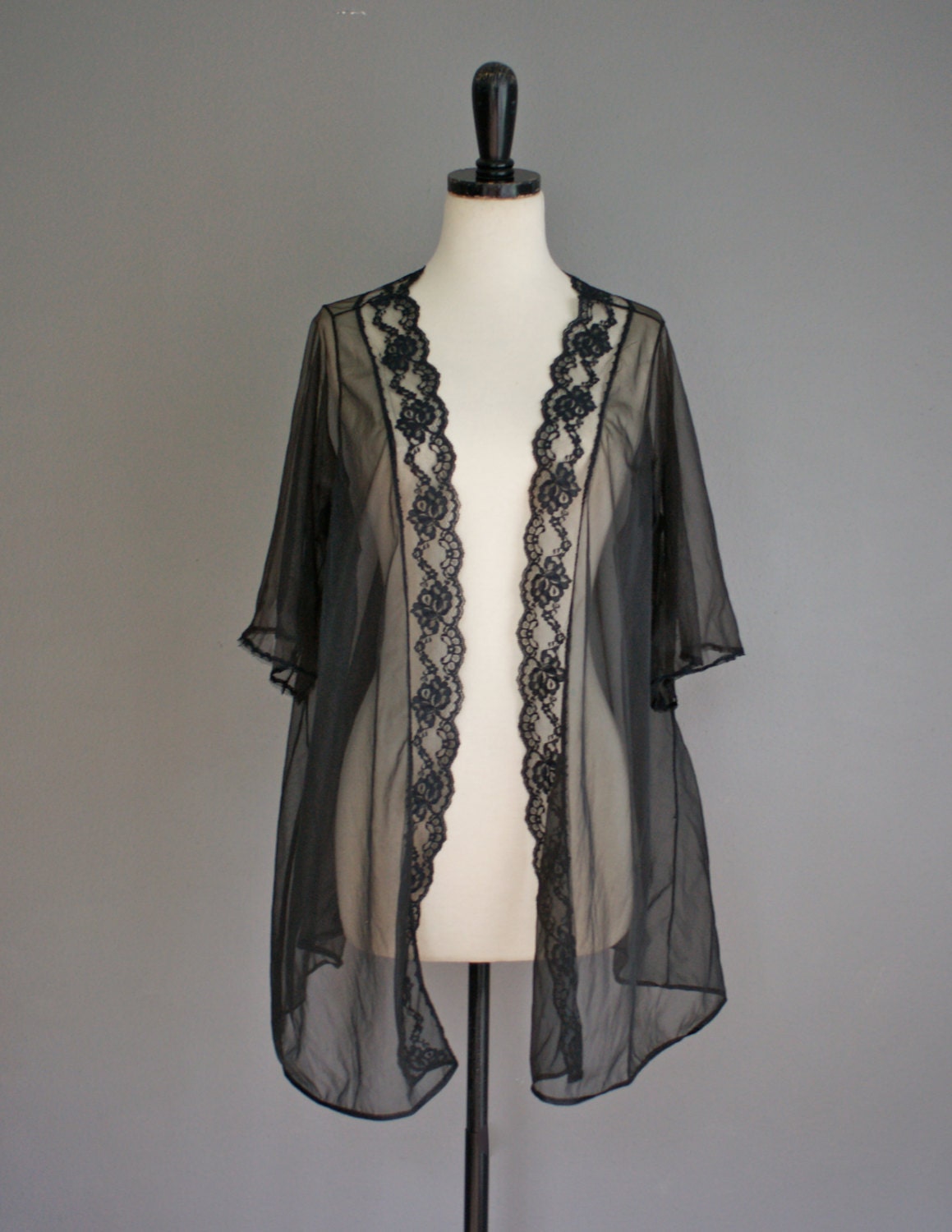 Vintage BLACK Lace Trim SHEER Lingerie Robe Kimono OSFM